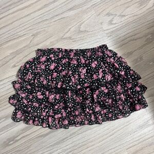Floral Ruffle Mini Skirt - Black and Pink